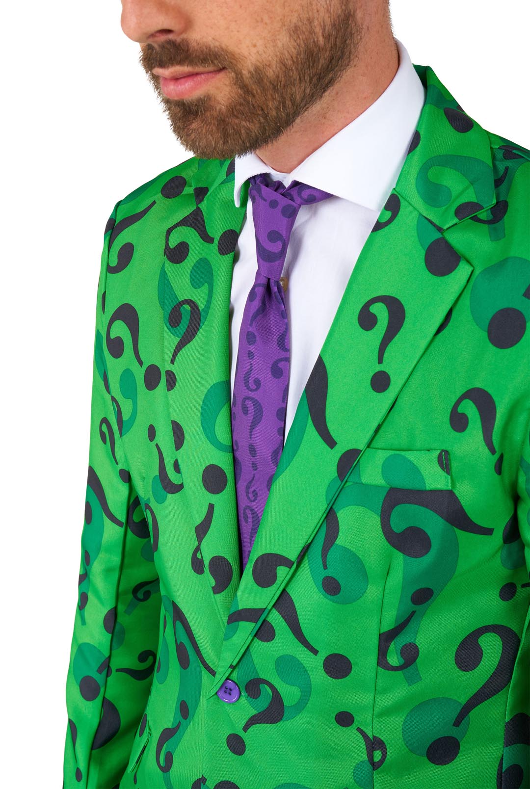 A man wearing "The Riddler" suit by Suitmeister, featuring a green suit adorned with black question marks and complemented by a purple tie. The suit jacket displays a prominent question mark pattern, set against a plain white background.