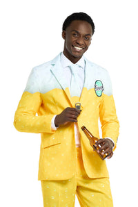 A man beams with a Premium Beer Yellow bottle in one hand and an opener in the other. He's dressed in a distinctively patterned Suitmeister suit that mimics the appearance of a beer mug, complete with a foam-like design on the jacket. The suit’s bright and vibrant colors contribute to his fun and playful look.