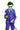 A child is dressed in The Joker costume by Suitmeister, featuring a purple pinstripe suit paired with a green tie. Their face is painted white with dark eyes and a red smile for a jester-like appearance. They hold a black cane topped with a diamond shape against a plain white backdrop.