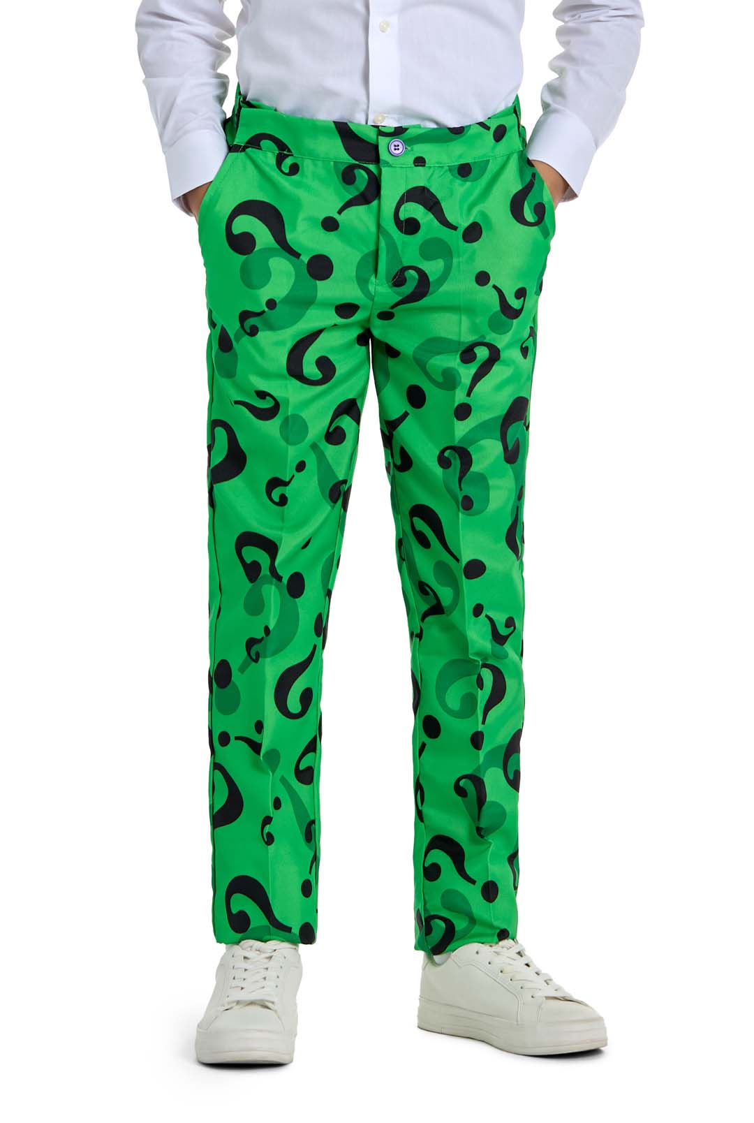 A person wearing The Riddler pants from Suitmeister, featuring a vibrant green color with a black question mark pattern, pairs them with a white shirt and white sneakers while standing against a plain background.