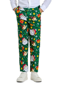 A person is dressed in the festive Santa Elves Green Christmas suit by Suitmeister, featuring Santa Claus, gifts, stars, and snowflakes designs. They accompany it with a white shirt and white sneakers.