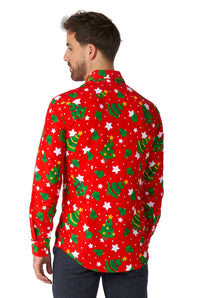 A person wearing the Suitmeister Christmas Trees Stars Red shirt, showing off its festive green tree and star patterns, viewed from behind against a white background.