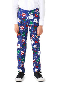 A child wearing the Suitmeister's Christmas Snowman Blue pants, decorated with snowmen, Christmas trees, candy canes, and gift patterns. They are also wearing a white shirt and black sneakers.