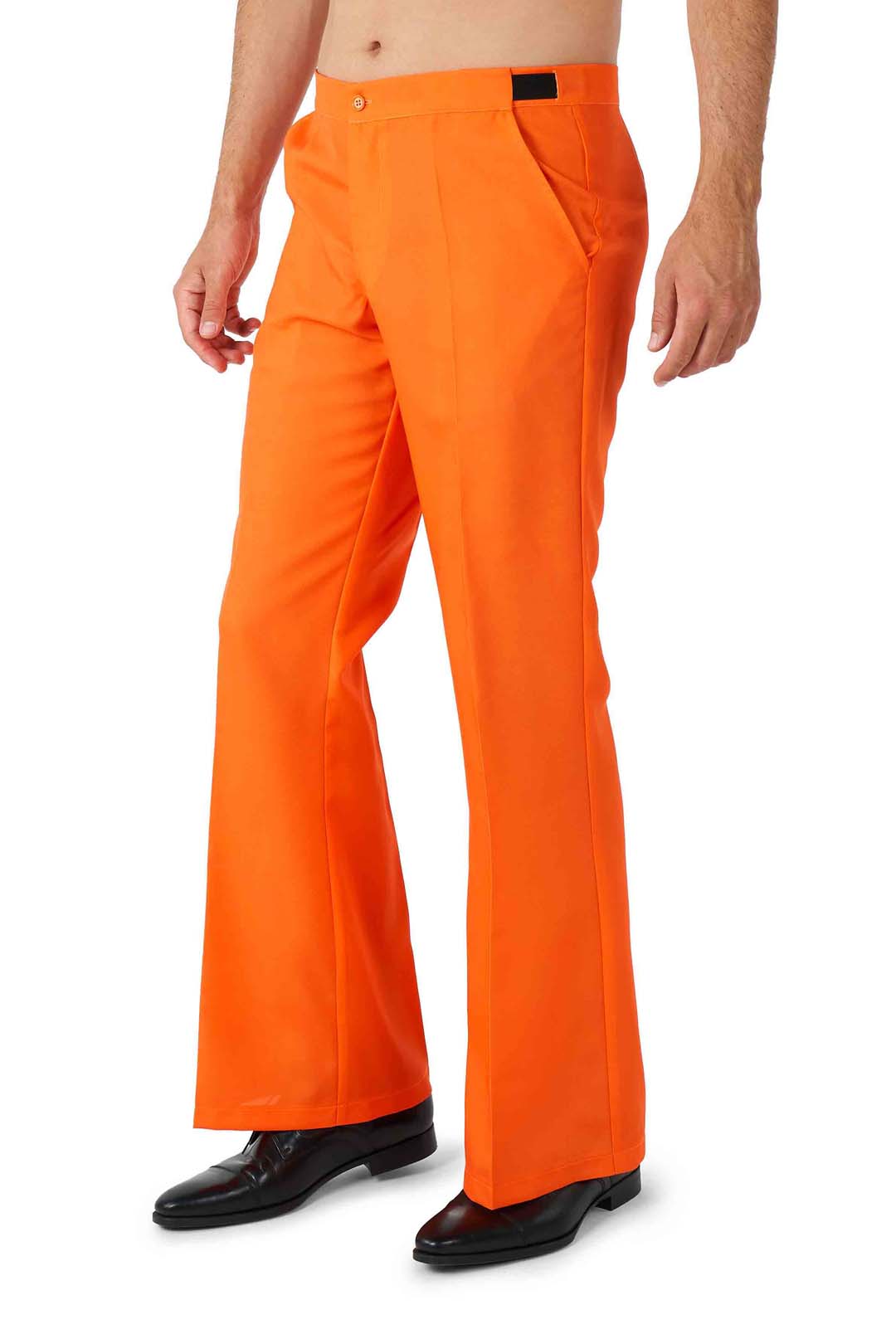 A person dressed in Suitmeister's Disco Suit Orange pants and black shoes. The image highlights the lower half of the body against a plain white background.