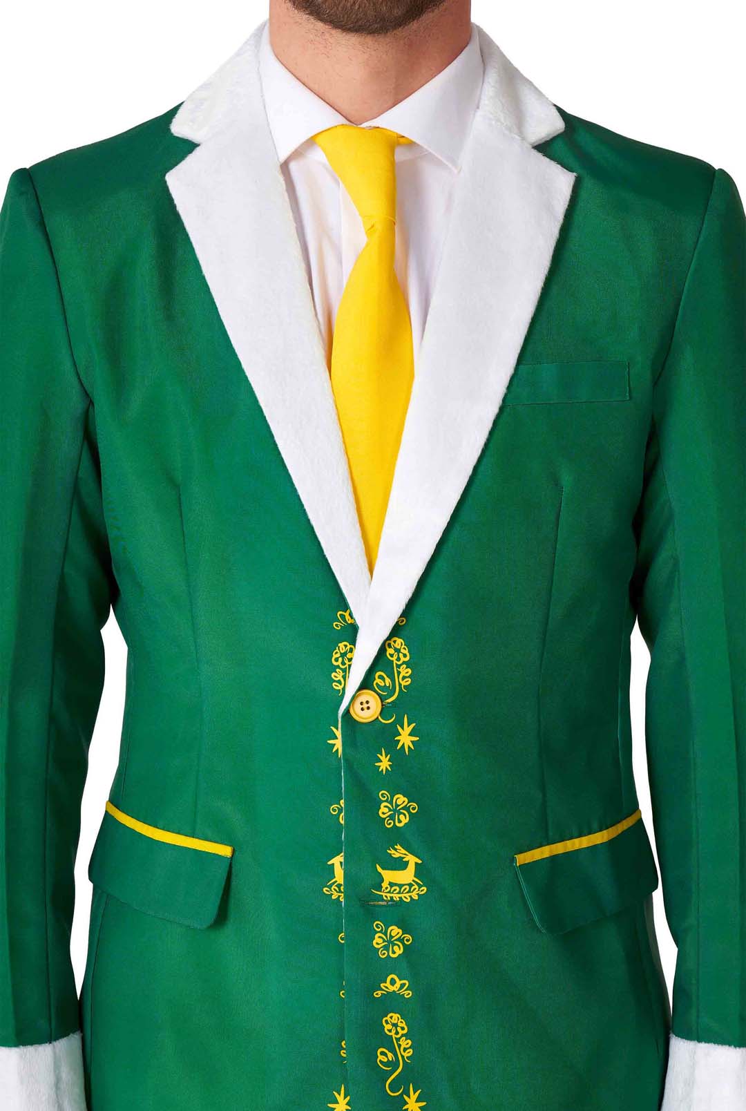 A man dressed in the Elf™ by Suitmeister, featuring a festive green suit with white lapels and yellow accents, including a yellow tie and embroidered designs. The ensemble is adorned with yellow buttons and decorative elements along the front. The man's face is not visible.