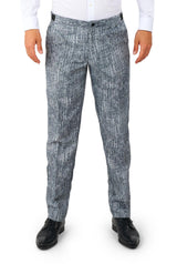 A person wearing Peaky Blinders costume 20's Gangster Grey pants by Suitmeister, a white shirt, and black shoes. The pants have a subtle pattern. The person is standing against a plain white background.