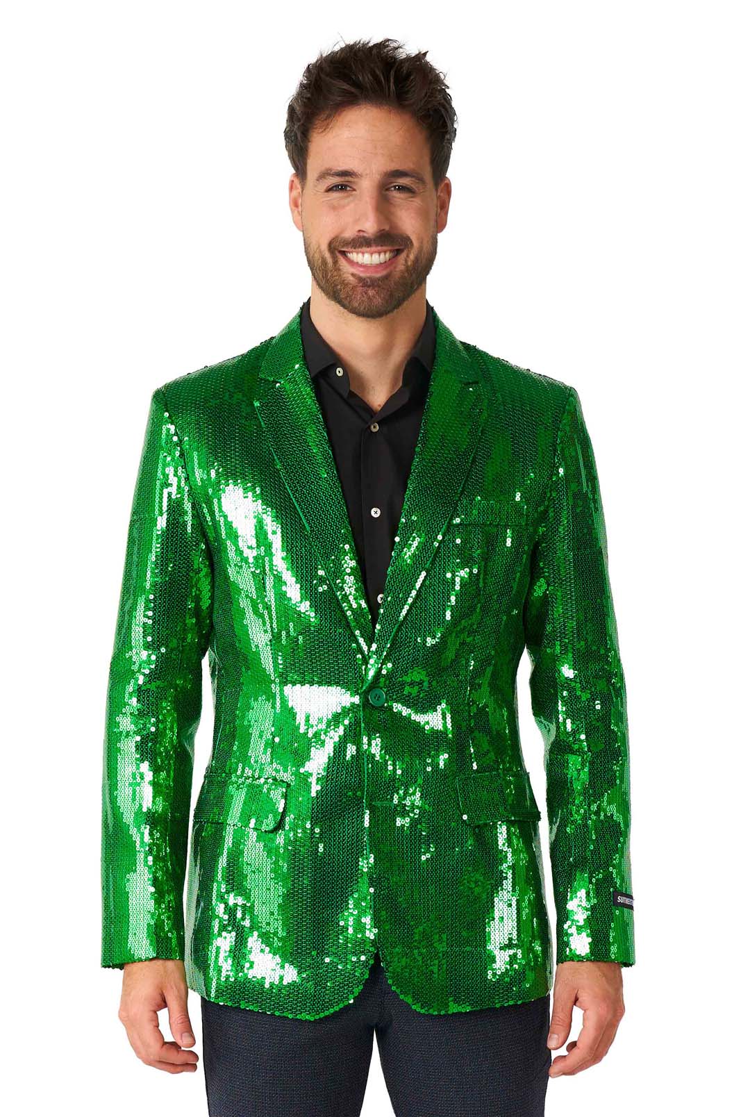 A man wearing the Suitmeister Sequins Blazer Green and a black shirt is smiling at the camera.