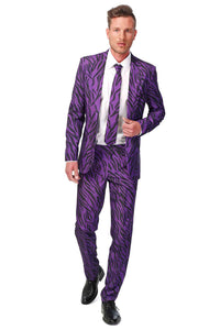 A man confidently walking in the Pimp Tiger suit by Suitmeister, featuring a purple design with black zebra stripes. He pairs it with a white shirt, matching zebra-patterned tie, and black shoes.