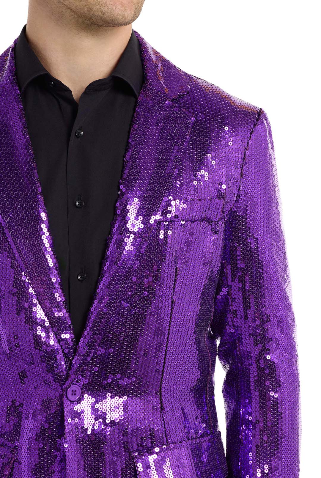 A person wearing the Suitmeister Sequins Blazer Purple over a black shirt, showcasing its shiny sequin finish and single button design with a notched lapel.