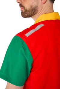 A person with a beard is dressed in a Suitmeister Robin costume, featuring a colorful design with a green sleeve, red back, and yellow collar. The costume includes a gray stripe on the shoulder, and the focus is on the upper half of their back and shoulder.