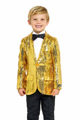 A smiling child is dressed in the Suitmeister Sequins Gold - Sequin Blazer, paired with a white shirt, a black bow tie, and black pants, set against a plain white background.