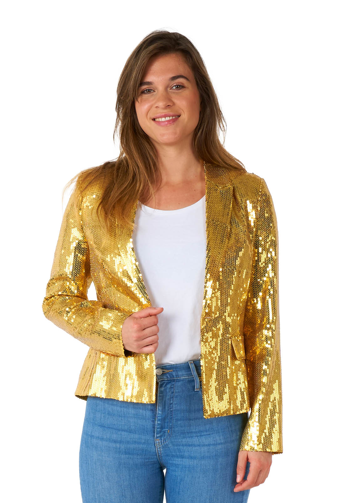 A person wearing the Suitmeister Sequins Gold blazer over a white shirt and blue jeans smiles against a plain white background.