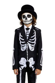 A person dressed in Suitmeister's Skeleton Grunge Black costume, which includes a suit with white bone patterns on black fabric, complemented by a matching skull mask and a black top hat.