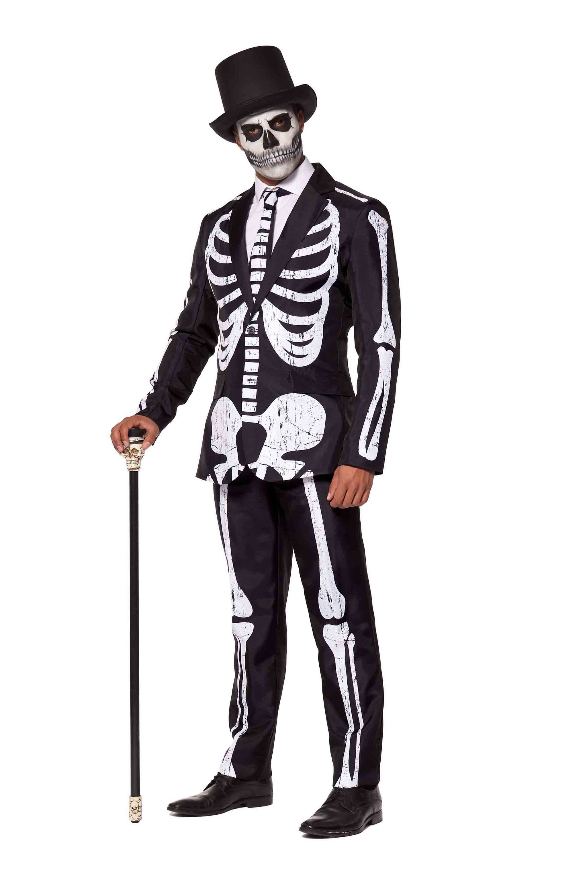 A person dressed in the Suitmeister Skeleton Grunge Black ensemble, complete with a black suit adorned with a skeleton design, accessorized by a matching black top hat and cane. Their face is painted to mimic a skull, creating an eerie yet sophisticated skeleton costume.