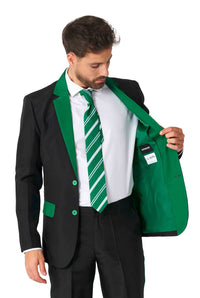 A man wearing a Suitmeister Harry Potter Suit - Slytherin™, featuring green accents and a green striped tie, opens his jacket to reveal its vibrant green lining. He stands against a plain white background.