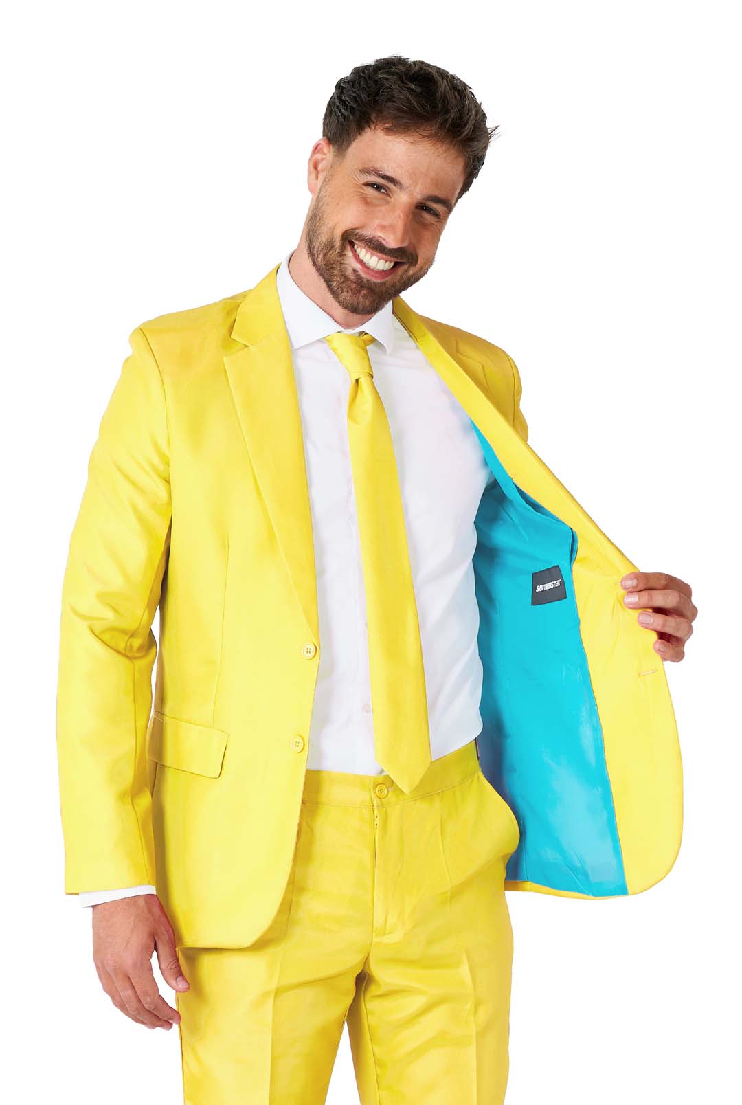 A man is smiling in a Suitmeister Solid Yellow suit with a matching tie, holding open the jacket to show its turquoise lining against a plain white background.