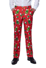 A person clad in the Suitmeister "Christmas Trees Stars Red - Christmas suit," featuring a vibrant Christmas-themed pattern with trees, stars, and wreaths, complemented by a white shirt and black shoes.